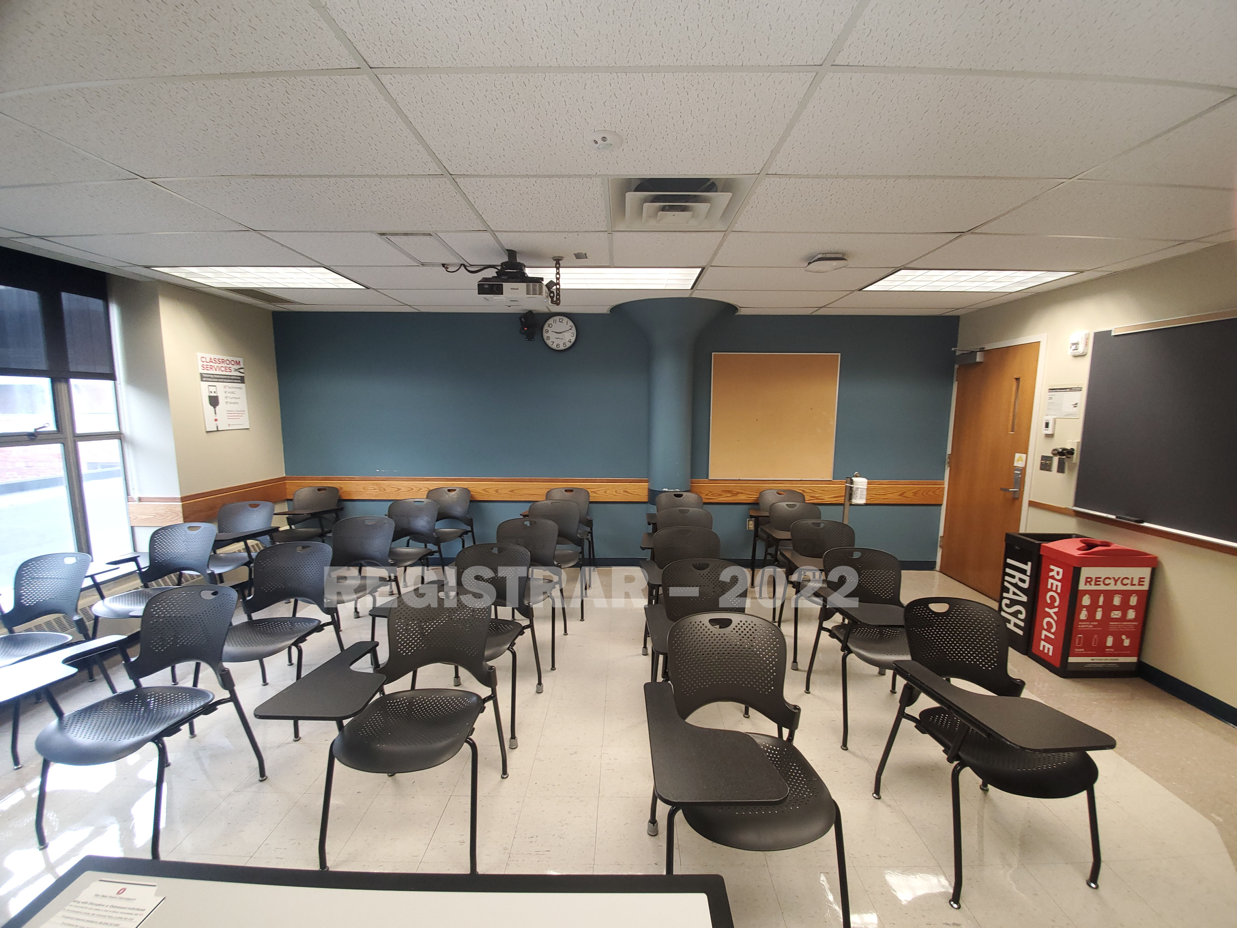 Enarson Classroom Building room 218 ultra wide angle view from the front of the room
