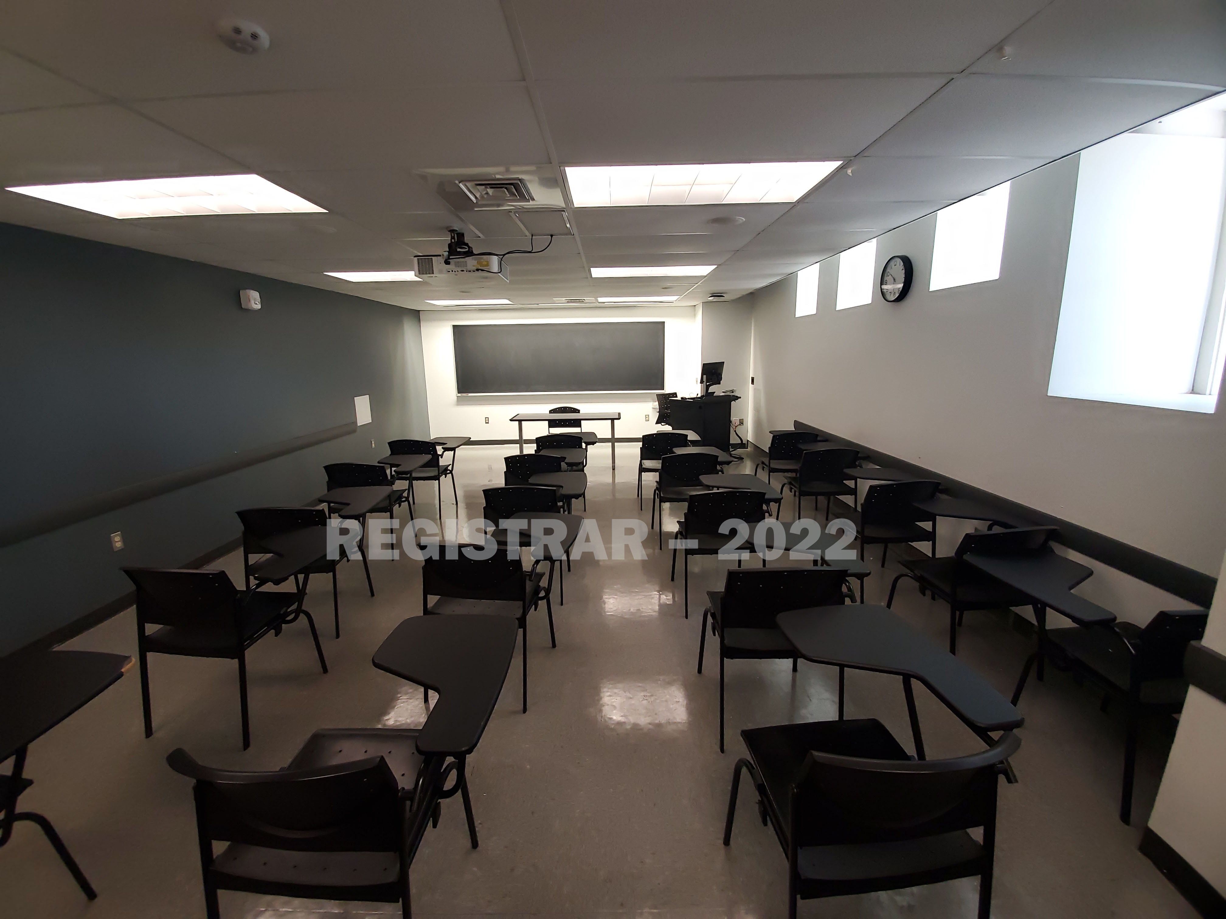Hayes Hall room 12 ultra wide angle view from the back of the room