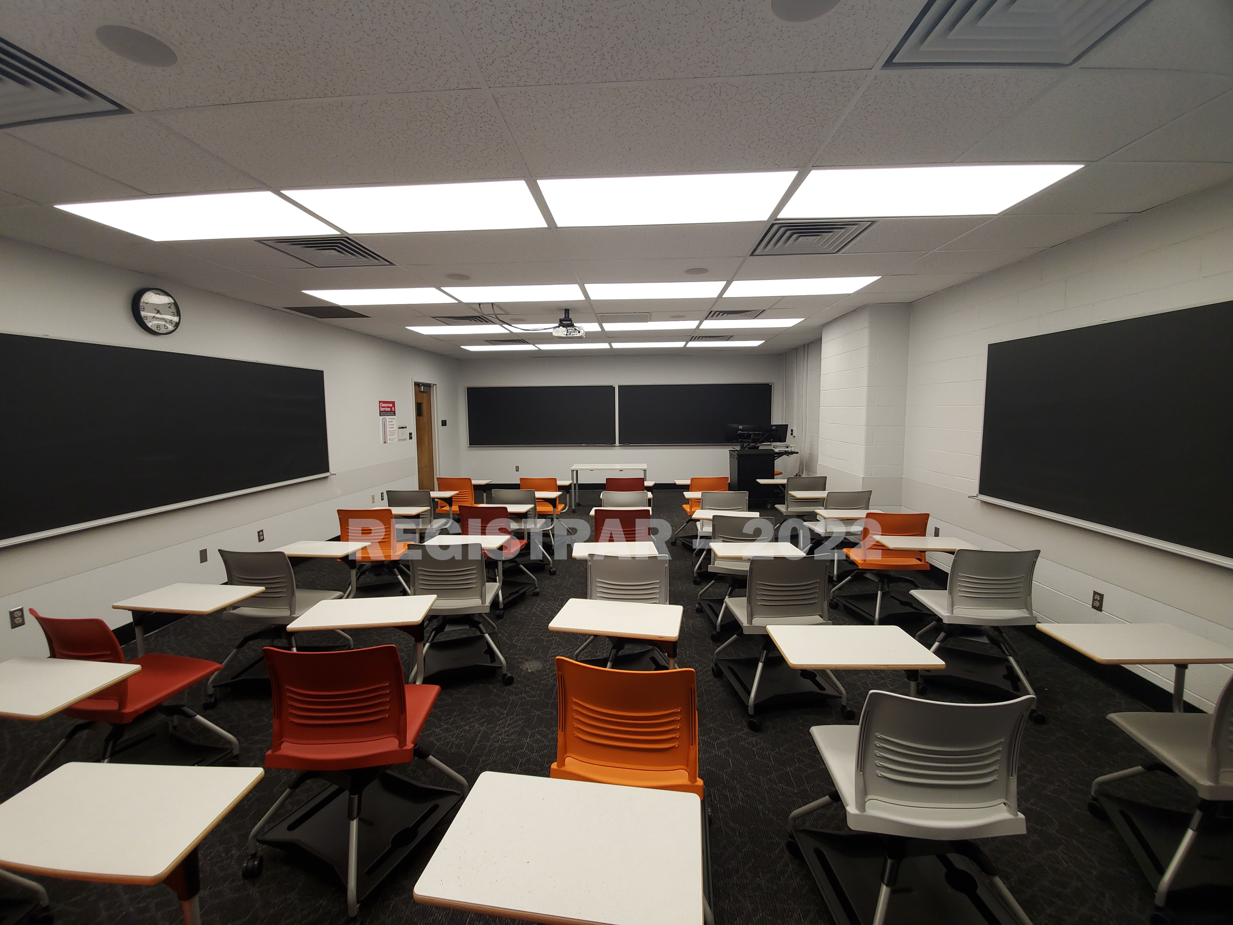 Journalism Building room 353 ultra wide angle view from the back of the room