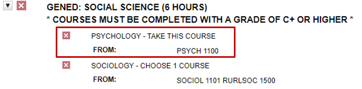 screenshot of degree audit before exception and psychology requirement is incomplete