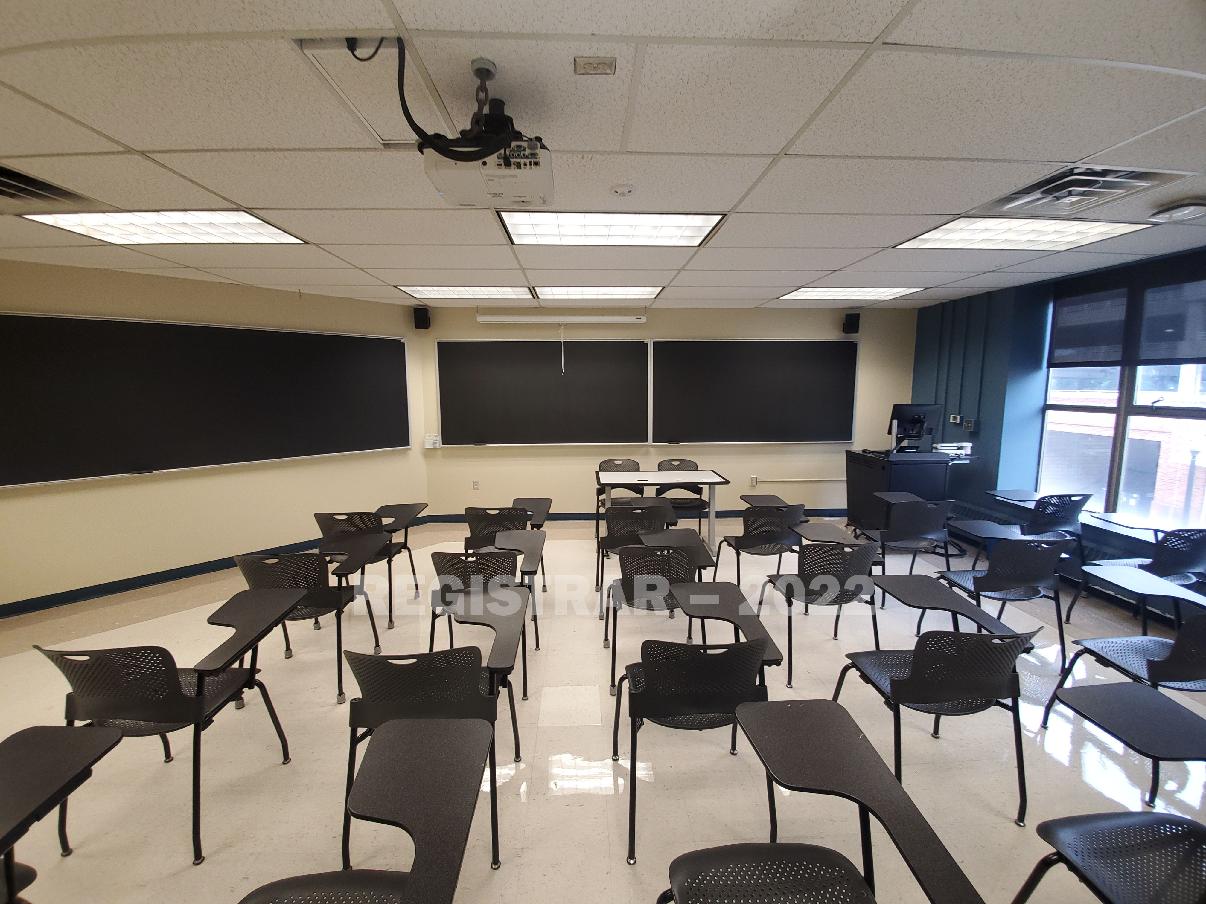 Enarson Classroom Building room 230 ultra wide angle view from the back of the room