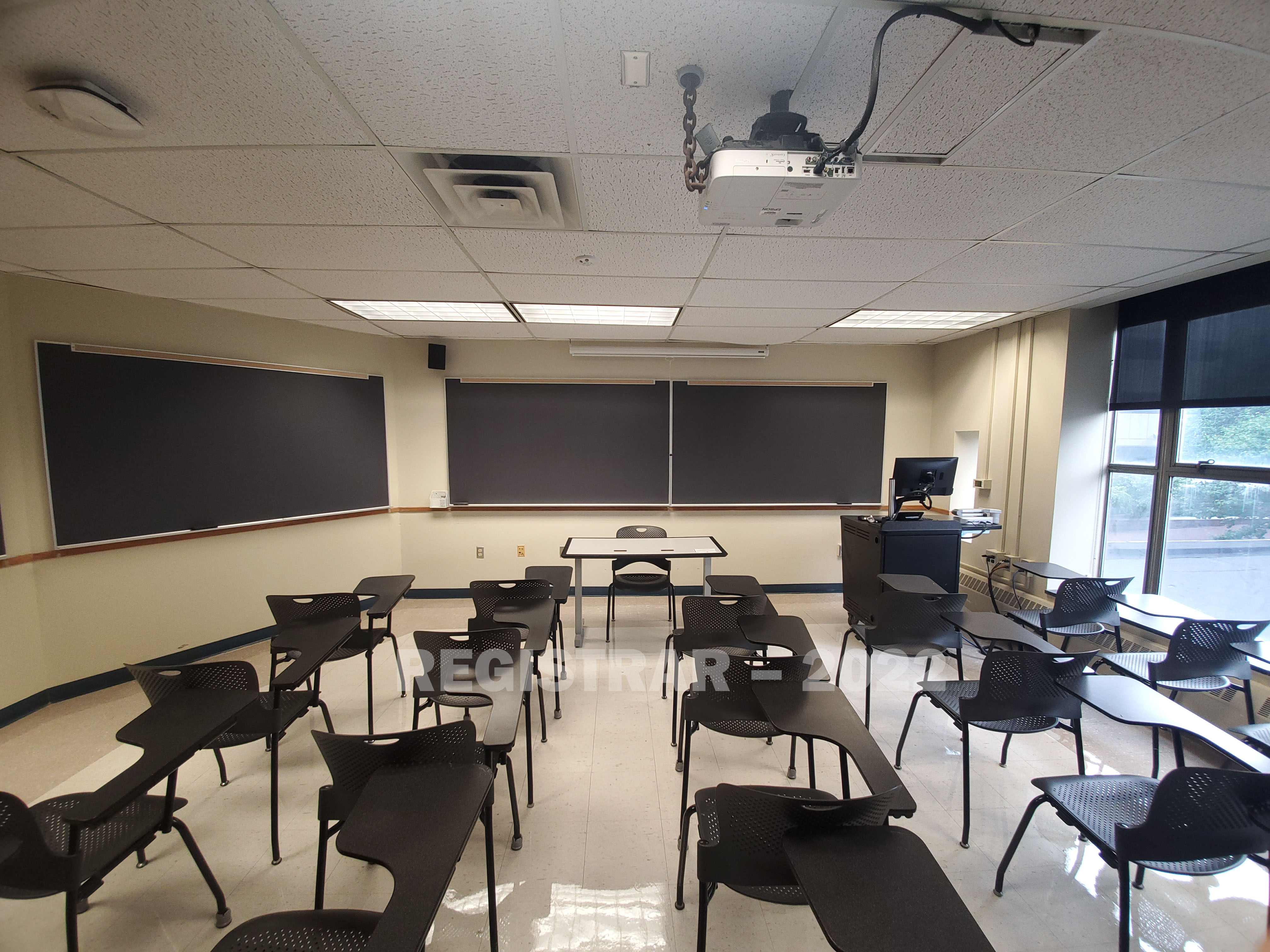 Enarson Classroom Building room 218 ultra wide angle view from the back of the room