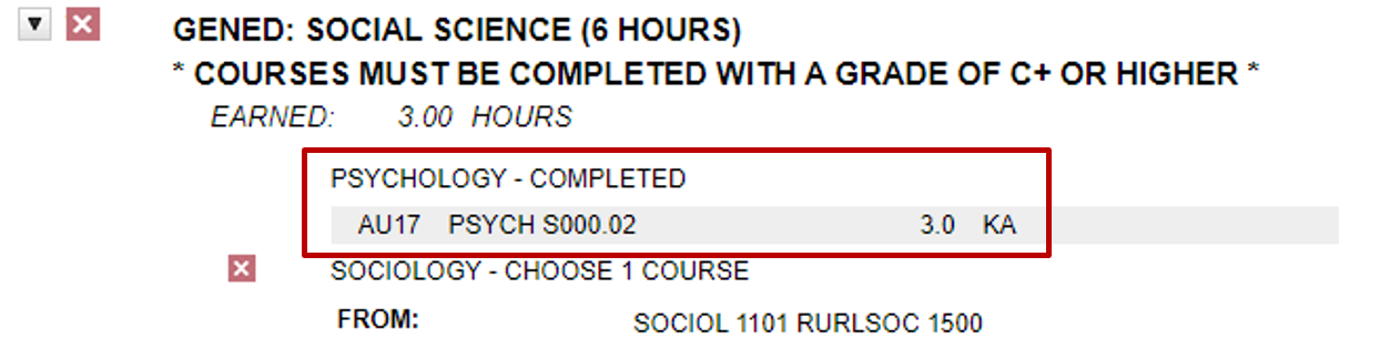 screenshot showing degree audit after the exception, and psychology requirement is complete