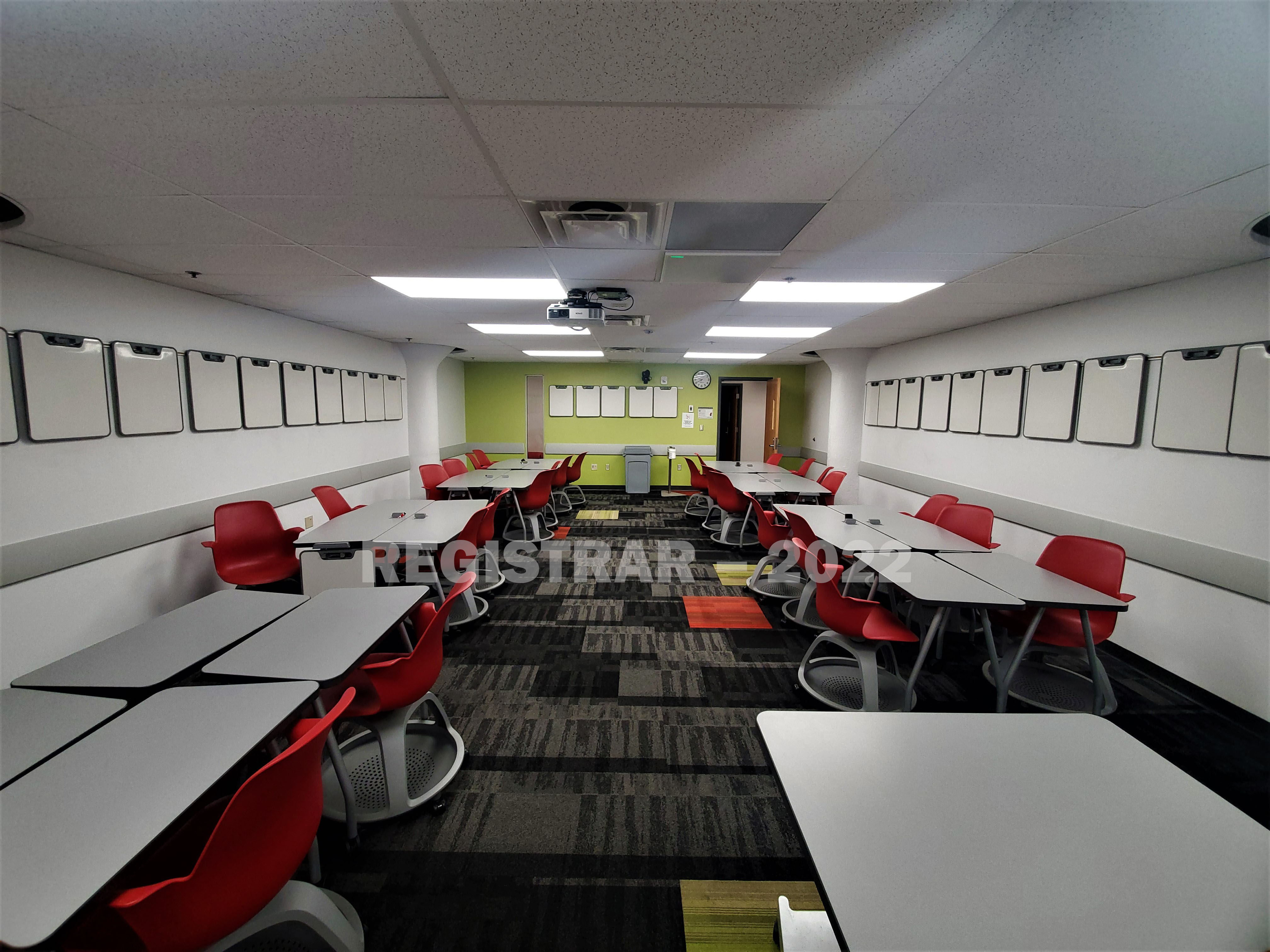 Enarson Classroom Building room 14 ultra wide angle view from the front of the room