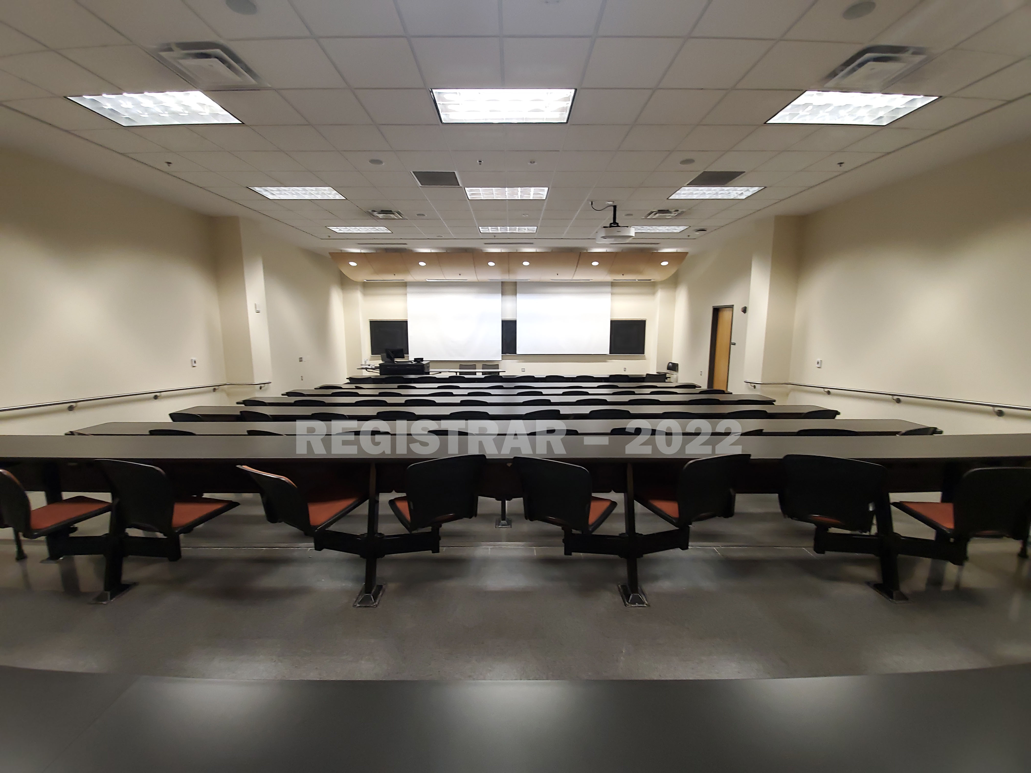 Scott Lab room East 125 ultra wide angle view from the back of the room with projector screen down