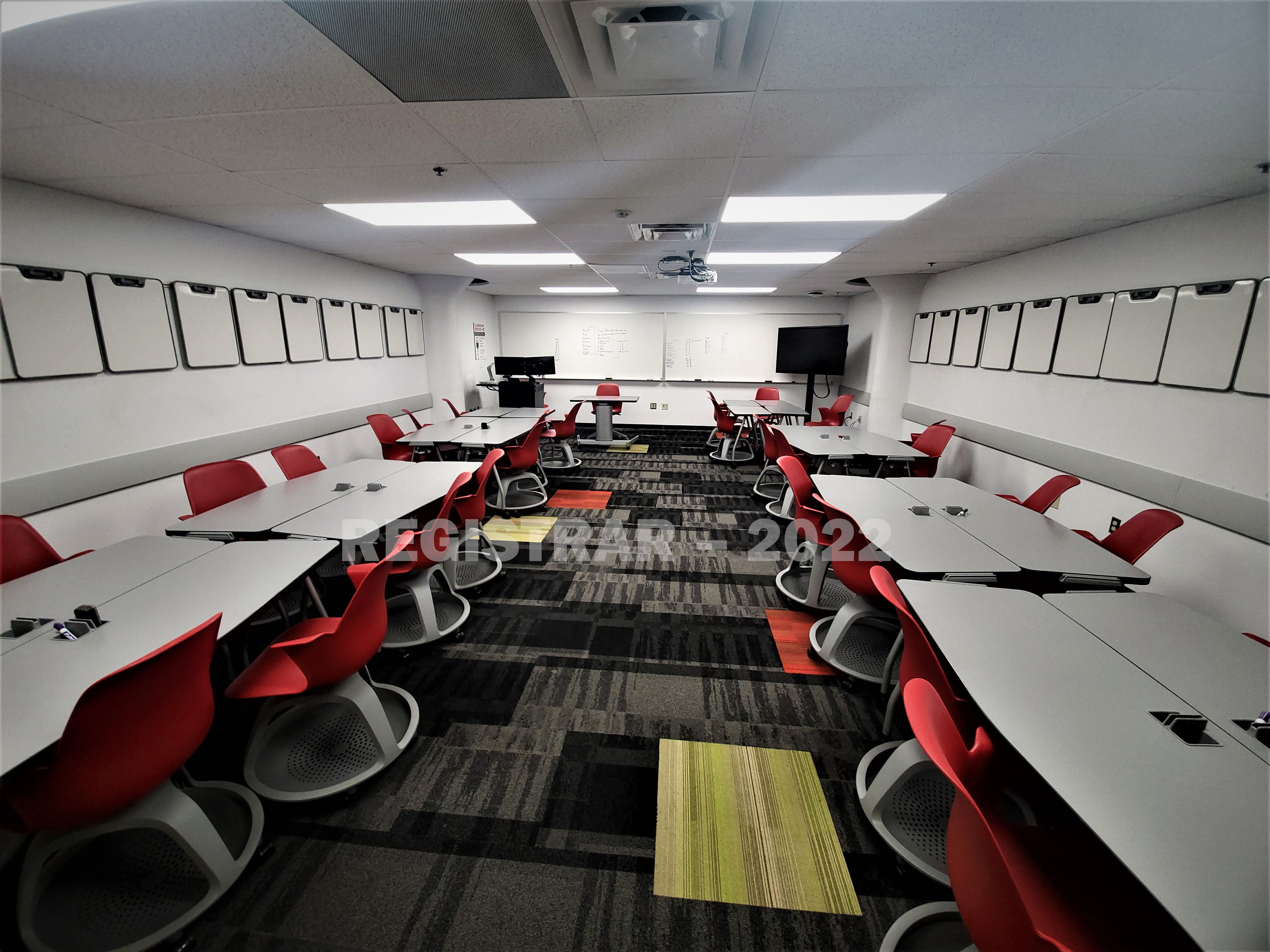 Enarson Classroom Building room 14 ultra wide angle view from the back of the room