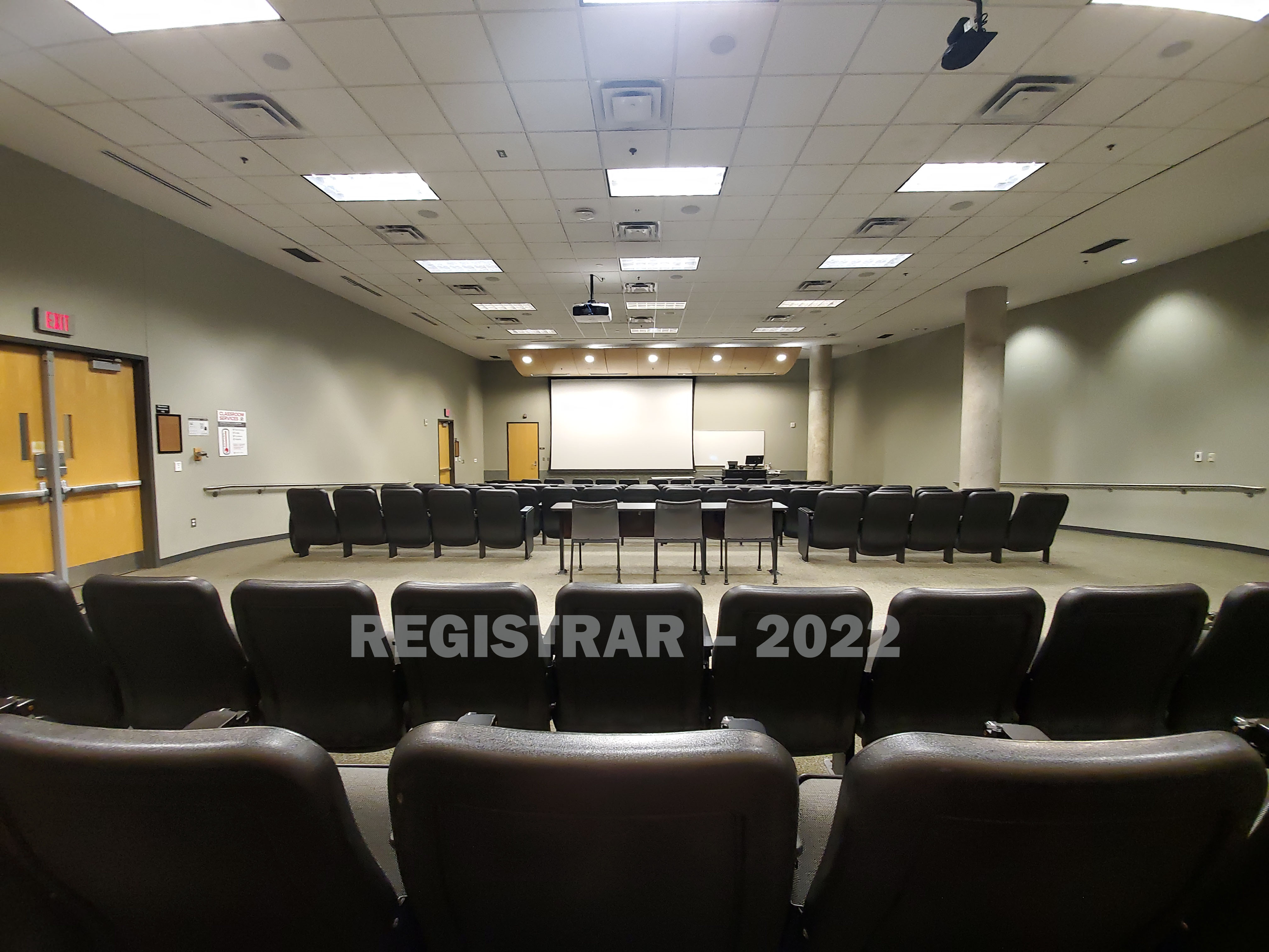 Scott Lab room East 1 Scott Lab room East 1 ultra wide angle view from the back of the room with projector screen down